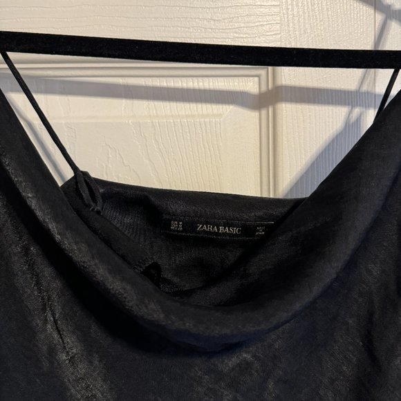 Zara Black Satin Midi dress with ruching and slit, size M - Picture 4 of 5